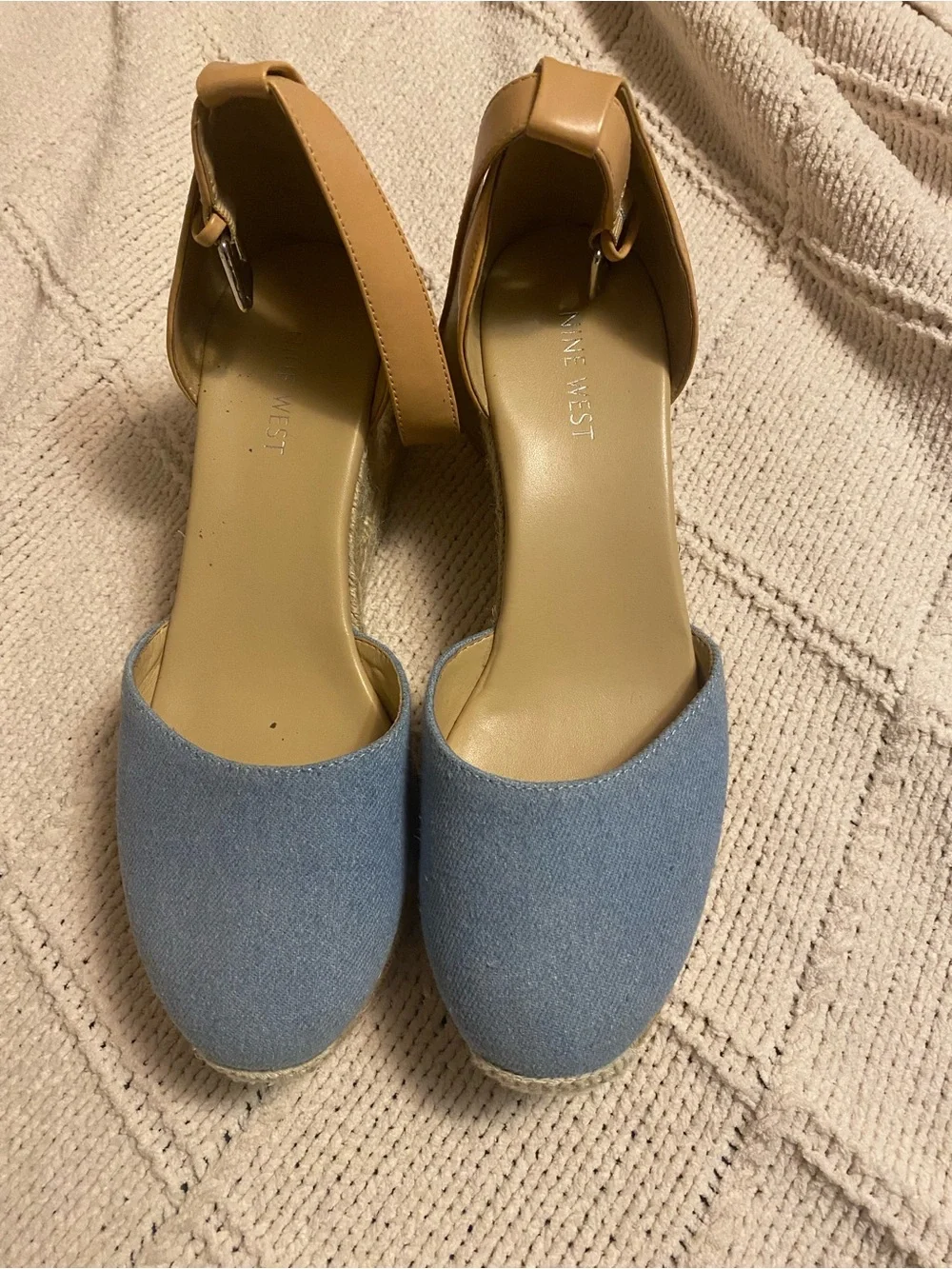 Nine West Light Blue Canvas and Tan Espadrille Wedge Sandals